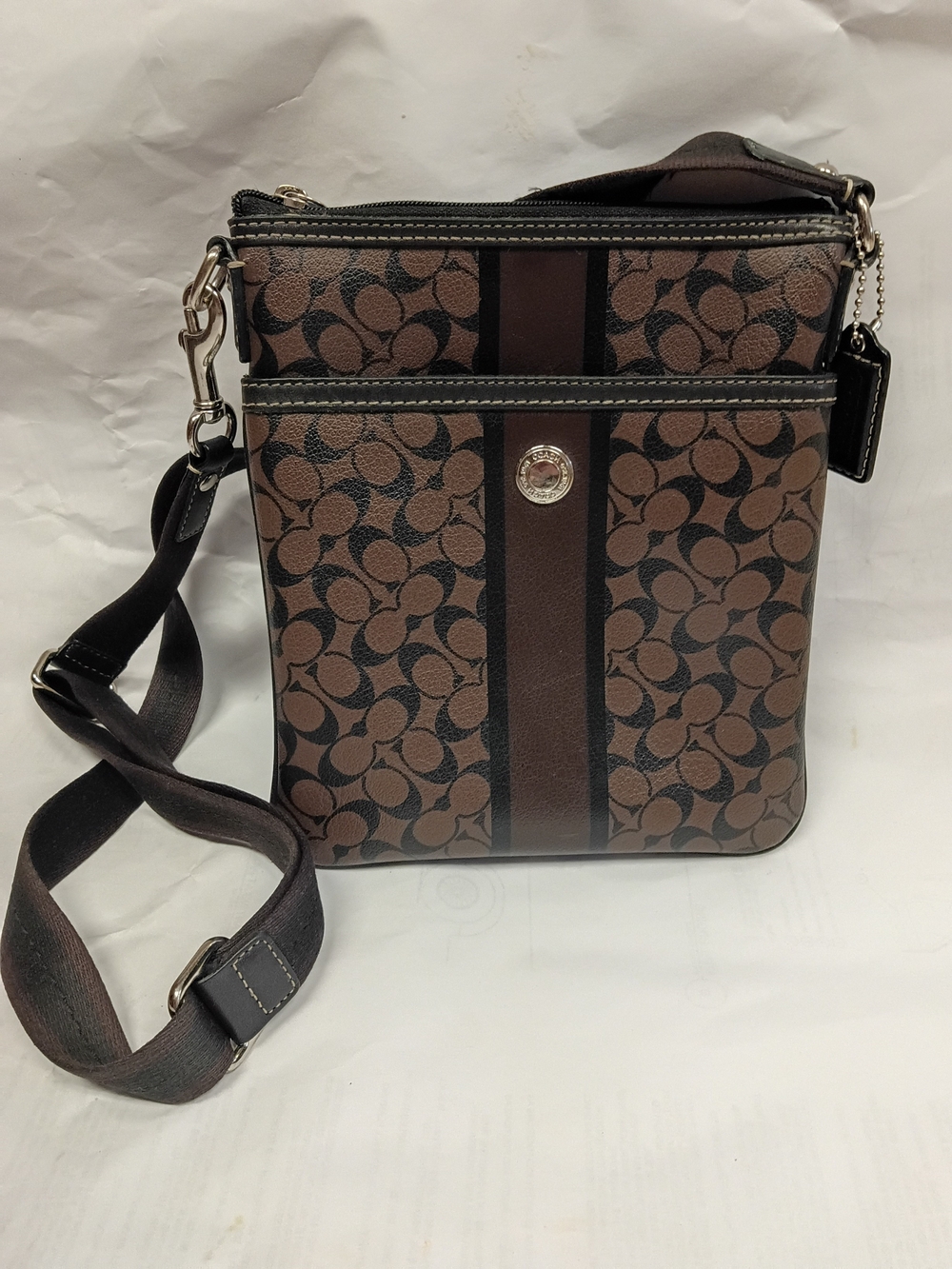 Coach Brown Signature Crossbody with Black Center Stripe